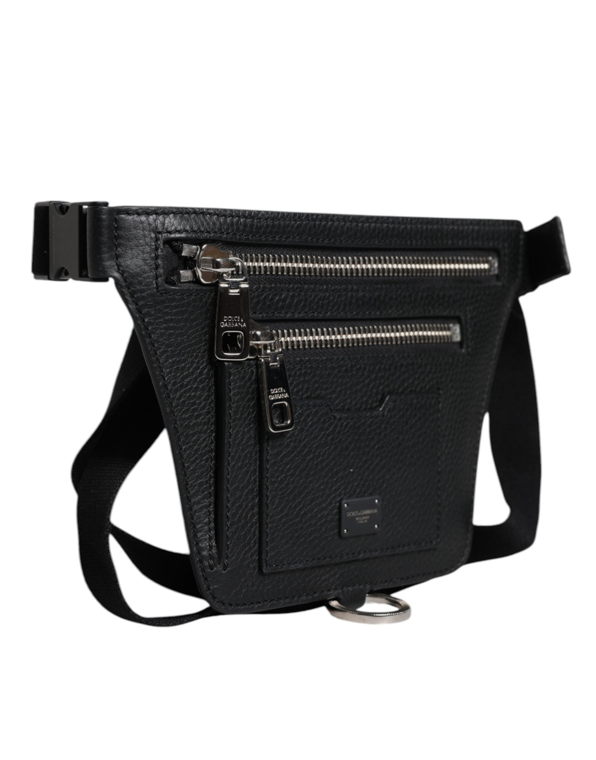 Dolce & Gabbana Black Calfskin Logo Plaque Belt Waist Men Fanny Pack Bag